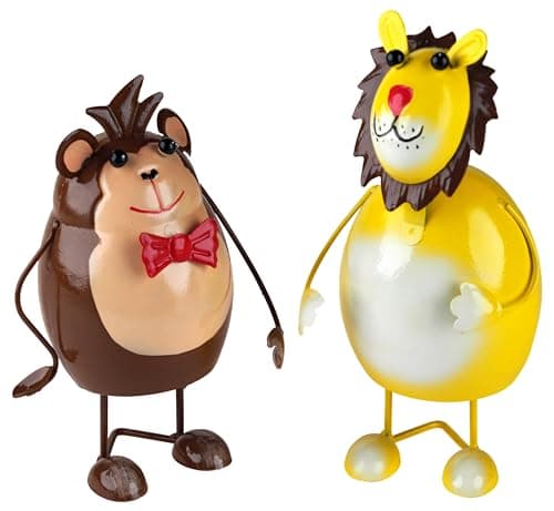 Image of BWG Wobble 18cm Metal Garden Safari Animal Ornaments - Monkey Lion - Set of 2