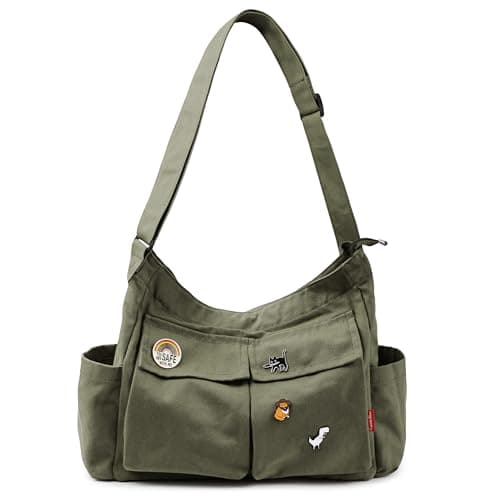 Image of Captain Blues Large Capacity Canvas Messenger Shoulder Bags for Women, Soft and Solid Denim Leisure Travel Bag with Multiple Pockets and Adjustable Straps - Perfect Denim Crossbody Bags (Green)