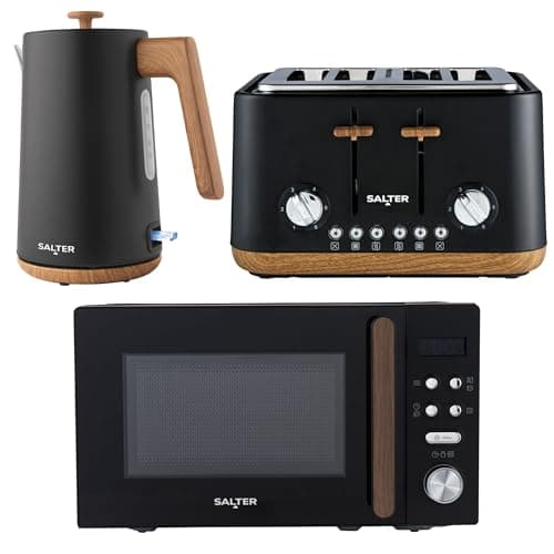 Image of Salter COMBO-9195 Toronto Kettle, Toaster, Microwave Set – Kitchen Countertop Appliances, 1.7L Fast Boil Kettle, 4-Slice Wide Slot Toaster, 20 L Digital Microwave, 25.5cm Turntable, Black