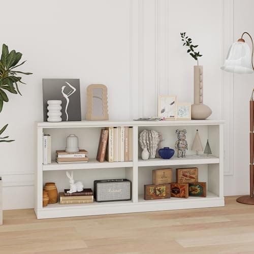 Image of blini White Bookshelf Double Wide 64“ 2-Tier Bookcase 4 Cube Storage Organizer Wooden Bookcases for Bedroom and Home Office Decor Display