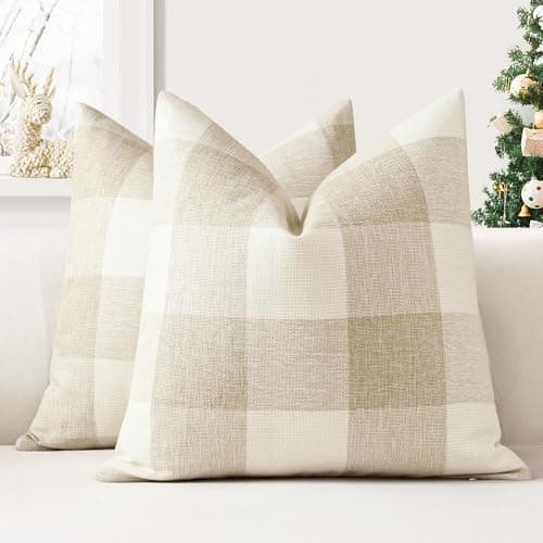 Image of JOTOM Set of 2 Classic Plaids Cushion Covers 50x50 cm Farmhouse Buffalo Check Soft solid Decorative Throw Pillow Covers Home Decor Outdoor Cushion Case for Sofa Bedroom (Cream White)