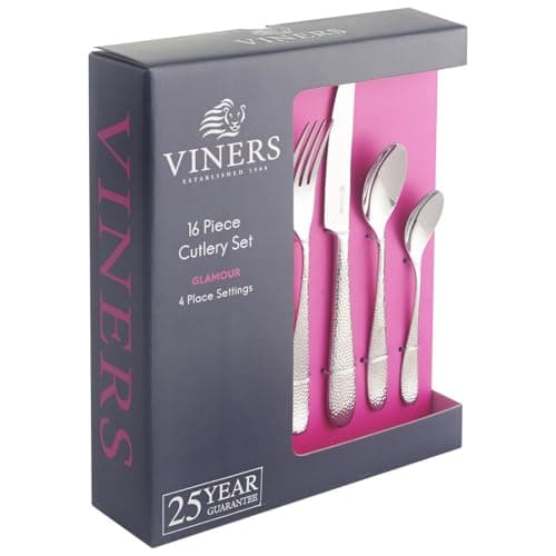 Image of Viners Glamour 16 Piece Cutlery Set |18/0 Stainless Steel | Hammered Texture with Mirror Polish |Serves 4 | Dishwasher Safe