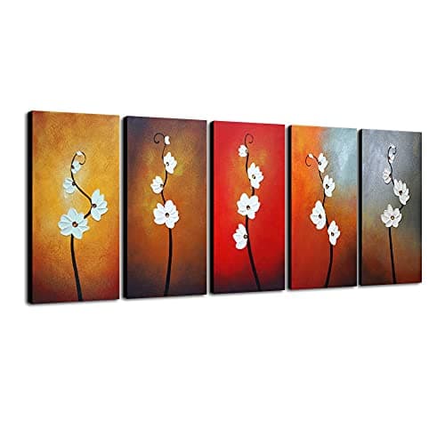 Image of Wieco Art Colorful Flowers Oil Painting on Canvas Wall Art Ready to Hang for Living Room Bedroom Home Decoration Modern 5 Piece 100% Hand Painted Gallery Wrapped Contemporary Abstract Floral