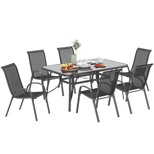 Image of Outsunny 7 Piece Garden Dining Set with Dining Table and Chairs, 6 Seater Outdoor Furniture with Parasol Hole for Deck and Balcony, Charcoal Grey