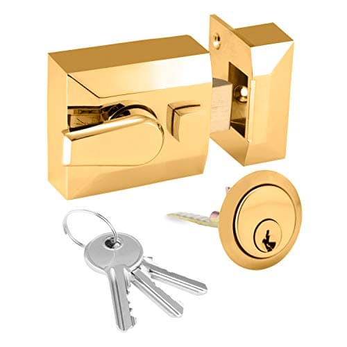 Image of XFORT® Narrow Deadlocking Night Latch 40mm, Complete with Rim Cylinder and 3 Keys, Elegant Polished Brass Nightlatch, External Door Lock for Front Door, High Security for Your Home or Workplace
