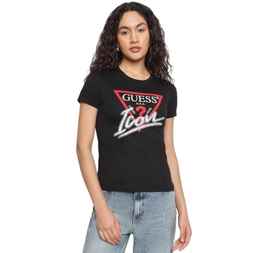 Image of Guess Women's T-Shirt Icon, Black, W4YI32 I3Z14 JBLK, Black/White, S