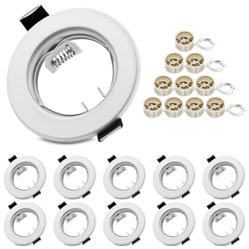 Image of Round White Recessed Ceiling Downlight Frames with GU10 Sockets, 55-70mm Cut-Out Hole Size, Compatible with LED & Halogen Bulbs, Mounting Frame for Spotlight Fixtures (Bulbs Excluded) - 10 Pack