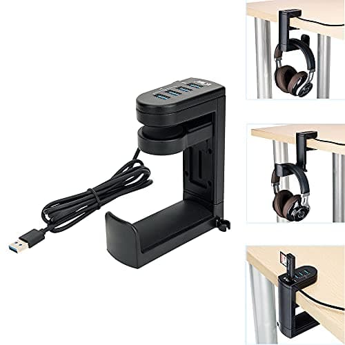 Image of KIWIFOTOS Headphone Stand USB Hub, Under Desk Headset Hanger Holder 4 Ports (1 3.0 + 3 2.0) & Cable Clip, 360° Rotating Adjustable Bracket for Headphones Umbrella Bag, Black (DHU5A)