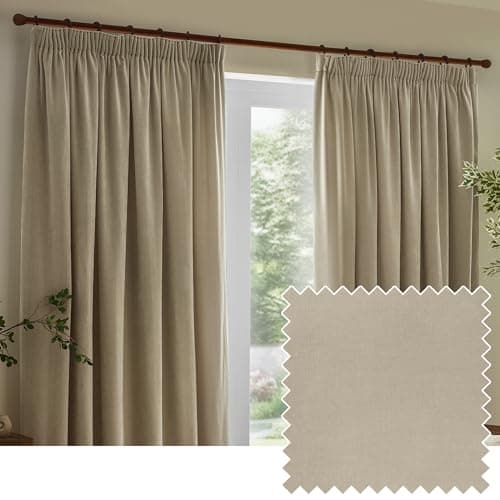 Image of Yard furn Heavy Chenille Pencil Pleat Curtain Pair – Lined Room Darkening Soft Velvet Curtains (Linen - Width 168 x Drop 229cm)