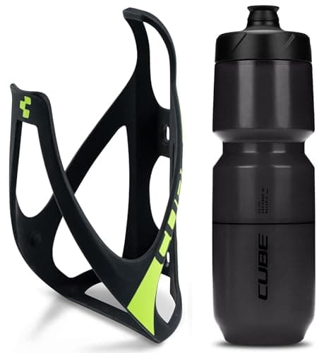 Image of Cube HPP Cage - Matt Black/Green & Flow Bottle - Black, 750ml / Water Drink Flask Vessel Bidon Holder Mount Bracket Kit Lightweight Plastic Drinking Hydration Biking Bike Riding Frame Accessories