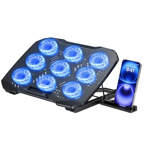Image of TECKNET Laptop Cooling Pad, Laptop Cooler with 9 Quiet Fans at 2600RPM, laptop cooling stand with Phone Holder, 5 Heights Adjustable, 2 USB Ports, Fits for 12-17 Inch Laptop, Suitable for Gaming Black