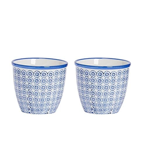 Image of Nicola Spring Patterned Plant Pots - Navy - 2 Pack - 14cm Porcelain Indoor Ceramic Planter with Drainage Holes Outdoor Garden Flower Pots for House & Garden Flowers