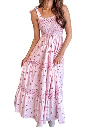 Image of Yoisdtxc Women Boho Tie Shoulder Maxi Dress Y2k Floral Smocked Long Dress Sleeveless Flowy Summer Beach Sundress (A-Pink, M)