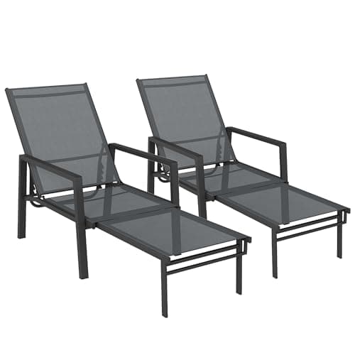 Image of Outsunny Sun Loungers Set of 2 with Retractable Footrest, 5-Position Adjustable Reclining Garden Lounger, Garden Chaise Lounge Sunbed Recliner Chair w/Steel Frame for Beach, Porch, Patio, Dark Grey