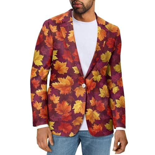 Image of Qznuberone - Men's One Button Long Sleeve Jacket with Pockets Lightweight Business Party Coat, Maple Leaf, 3XL