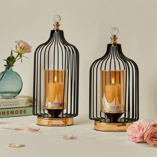 Image of Luxury Birdcage Lanterns 36cm High, Vintage Black Tealight Holder set of 2, Hurricane Holder for Pillar Candle with Tempered Glass Panels, Decorative Lanterns for Garden, Table, Living room (2PCS)
