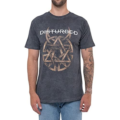 Image of Disturbed T Shirt Riveted Band Logo Official Mens Mineral Wash Charcoal Grey XL