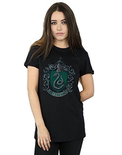 Image of Harry Potter Women's Slytherin Distressed Crest Boyfriend Fit T-Shirt Medium Black