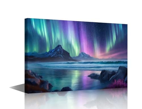 Image of Aurora Painting Wall Art for Man Northern Lights Canvas Wall Art 1 Panel Coast Wave Picture Prints on Canvas for Living Room Children's Room Wall Art Decoration Framed Ready to Hang(60x90cm)