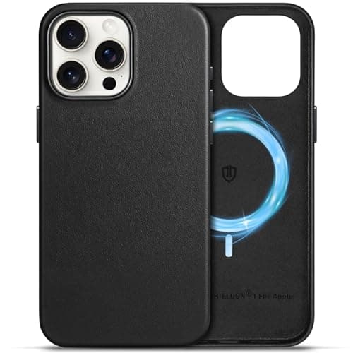 Image of SHIELDON Case for iPhone 15 Pro Max, Genuine Leather Magnetic Wireless Charging [Slim Fit][Non-Slip][Anti-Scratch] Shock-Absorbent Case with Metal Buttons Compatible with iPhone 15 Pro Max - Black