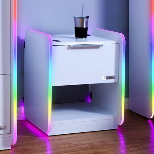 Image of X-Rocker Electra 45cm x 40cm, RGB LED Bedside Table & Drawer - Neo Motion™ Sync App Controlled LED Lights, Wireless Charging, 1 Drawer, Storage Shelf, Durable Wooden Frame for Kids & Teens - White