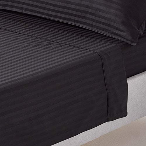 Image of HOMESCAPES Black Pure Egyptian Cotton Flat Sheet Single 330 TC 500 Thread Count Equivalent Satin Stripe Bed Sheet