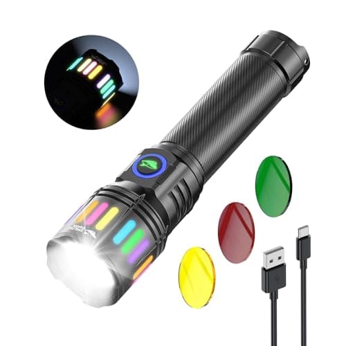 Image of Smiling Shark Flashlight Torch, M1 Torches LED Super Bright Rechargeable with 4 Modes & Zoomable【3 Color Lenses】 Powerful Mini Torch Battery for Camping/Hiking/Home/Emergency, Black
