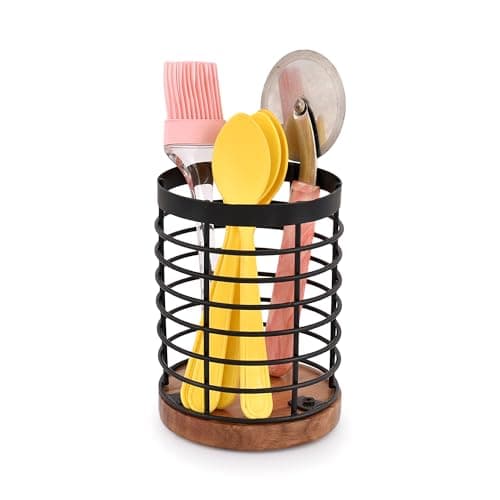 Image of EDHAS Black Iron Kitchen Utensil Holder with Acacia Wooden Base Round Flatware Storage for Countertop (11.43cm x 11.43cm x 15.24cm)