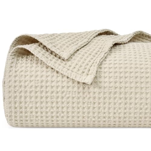 Image of PHF 100% Cotton Waffle Weave Blanket Double Size 150 x 200cm, Pre-Washed Lightweight Breathable Throw Blanket, Oeko-TEX Certified for Bed Couch Sofa, Home Decor, Linen/Natural