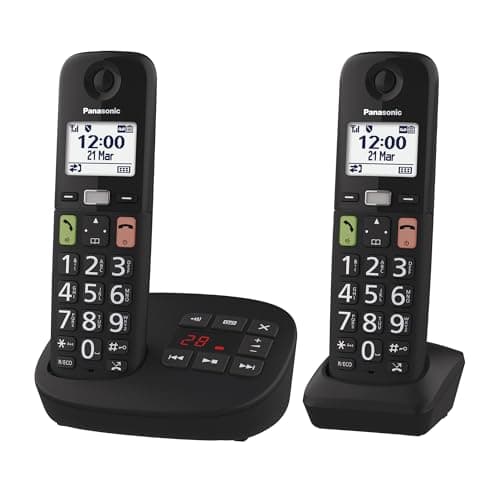 Image of Panasonic KX-TGU132EB Digital Cordless Phone with Answering Machine, Base Unit & 2 Handsets, LCD Display, Big Buttons, Fav Call, Hearing Aid Compatible, Black