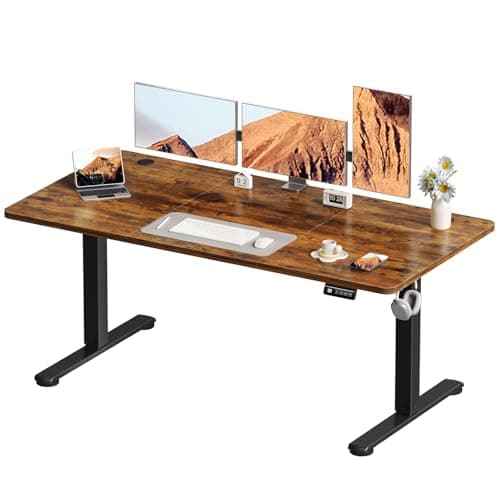 Image of Devoko Electric Standing Desk 160x60cm Sit Stand Table Height Adjustable Desk with Backpack Hook and Memory Smart Pannel, Home Office Desk with Splice Board, Rustic Brown