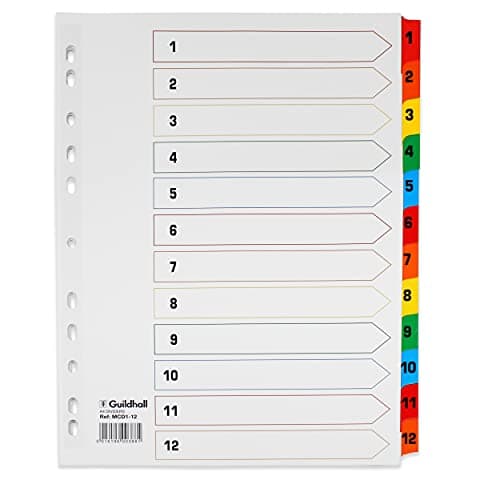 Image of Exacompta Guildhall 12 Part Multi Coloured Dividers - A4-11 Punched Holes - Pack of 5 - MCD1-12