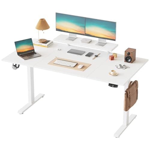 Image of Klicelor Electric Height-Adjustable Desk with Movable Monitor Stand, 160 x 80 cm Sit-Stand Desk with 2 Memory Buttons and 4-Piece Table Top, Computer Desks, White