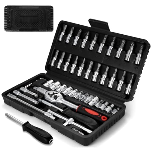 Image of 46 Pcs 1/4 inch Socket Wrench Set, Small 1/4" Socket Set, Deep Sockets Tools Set Car Tools Mechanic Tool Sets, Screwdriver Ratchet Set Extension Bars for Bike Motorbike Motorcycle Repair Tool Kit