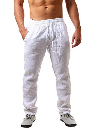 Image of Runcati Men's Linen Trousers Solid Color Lightweight Loose Fit Drawstring Holiday Beach Daily Wear, White, L