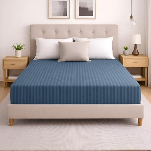 Image of MOONLIGHT20015 King Size Fitted Sheets 40CM Extra Deep Pocket Washed Blue Bed Sheets with Satin Stripes Elastic Corners Soft Brushed Microfiber Breathable & Fade-Resistant & Shrinkage Bedsheets