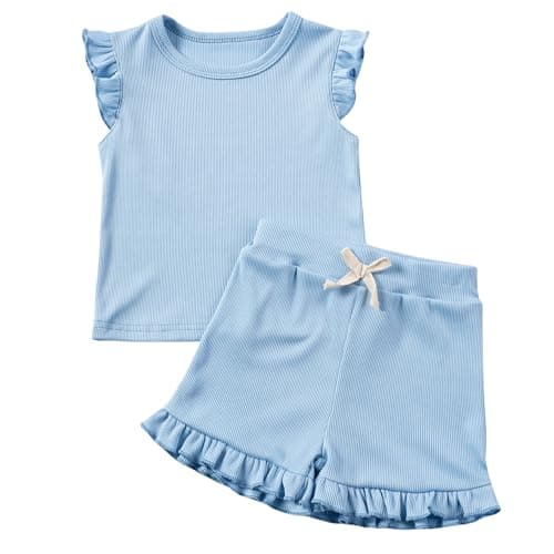 Image of KISLOVE Baby Girls Summer Clothes Ribbed Ruffle T-shirt with Shorts Set Kids Flare Sleeve Toddler Outfit 2 Piece Clothes for Little Girls, Blue 2-3 Years