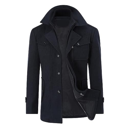 Image of YOUTHUP Mens Wool Coats Casual Thick Short Winter Trench Coat Regular Fit Peacoat with Detachable Inner Collar, Navy-thin, L