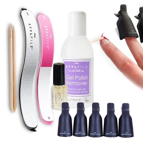 Image of STYLFILE Gel Nail Polish Remover Kit for At-Home Use – Removes Gel and Shellac in 15 Minutes – Includes Acetone Remover, Curved S-File, Nail Buffer, Cuticle Oil, Clips, and Manicure Tools