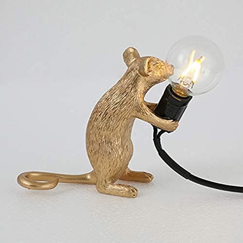 Image of Retro Rat Table Lamp Mouse Desk Light Bedside Resin Mice Lamp Warm Room Decor E12 Base (Gold Sitting)