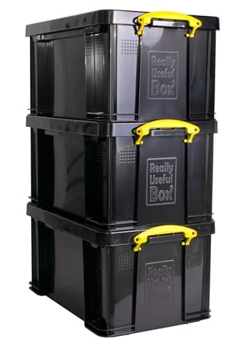 Image of Really Useful Box Plastic Storage 48L Solid Black with Yellow Handles Pack of 3