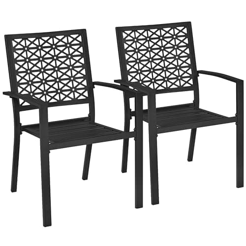 Image of Yaheetech Set of 2 Black Outdoor Garden Chairs of Metal Frame 136KG Weight Capacity, Stackable Heavy-Duty Metal Dining Chairs with Armrests for Garden, Lawn, Yard