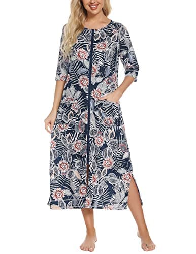 Image of Rubehoow Zipper Housecoats for Women Plus Size Half Sleeve Nightdress Soft Cotton Long Nightgown with Pockets XXXL