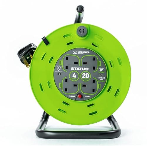 Image of STATUS 4 Socket Cable Reel, 20m, Green, 13 Amp, Thermal Cut Out, Heavy Duty, Outdoor Extension Lead, Ideal for Garden, DIY, Workshop, Power Tools (S20M13ACR2)