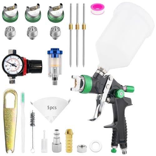 Image of HVLP Spray Gun Kits, Paint Sprayer with 3 Nozzles 1.4/1.7/2.5mm Nozzle & Pressure Gauge& Oil-Water Separator, 600ML Cup, Gravity Feed Air Spray Gun for House, Fence, DIY (Green)