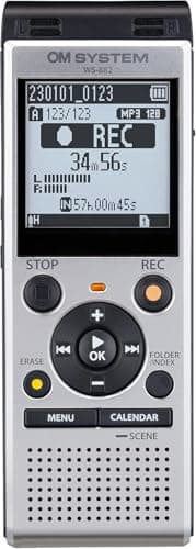 Image of OM SYSTEM WS-882 High Quality Digital Voice Recorder with Stereo Microphones, 6 Recording Modes, Direct USB, Built-in Stand, 4GB Internal Memory, Silver