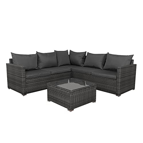 Image of Panana 5 Seater Rattan Garden Furniture Corner Sofa Set with Coffee Table, Outdoor Patio Lounge Set with Cushions & Free Cover for Garden, Conservatory, Terrace (Mixed Grey Rattan with Grey Cushions)