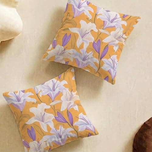 Image of Orange Color Cushion Covers 40 x 40 cm Set of 2 Lily Sofa Cushion Covers, Soft Decorative Square Throw Pillow with Invisible Zipper, Sofa Pillows Double Sided Pattern for Living Room Garden L-L50