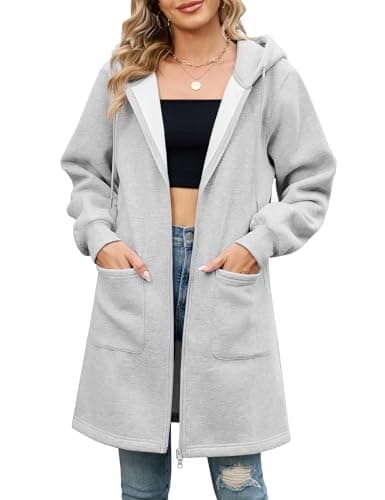 Image of Vancavoo Zip up Hoodie Women Longline Fall Jackets Ladies Fleece Sweatshirts Casual Long Sleeve Jacket Loose Hooded Coat Outwear with Pockets,Light Grey,XXL