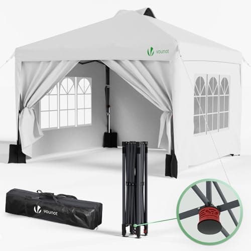 Image of VOUNOT 3m x 3m Pop Up Heavy Duty Gazebo with Sides, Central Lock System & 4 Weight Bags & Carry Bag, Marquee Garden Party Tent Outdoor, White